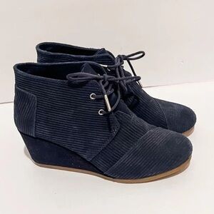 Toms Desert Blue Suede Corduroy lace-up Wedge Ankle Booties